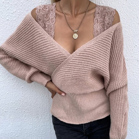Boho Pink Floral Lace Knit Sweater Top Minimalist - Picture 5 of 5